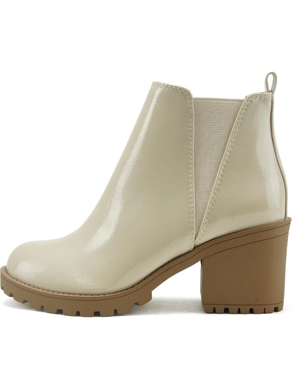 Women's Bone Patent Origami Lug Sole Mid Heel Ankle Bootie Double Elastic Boot
